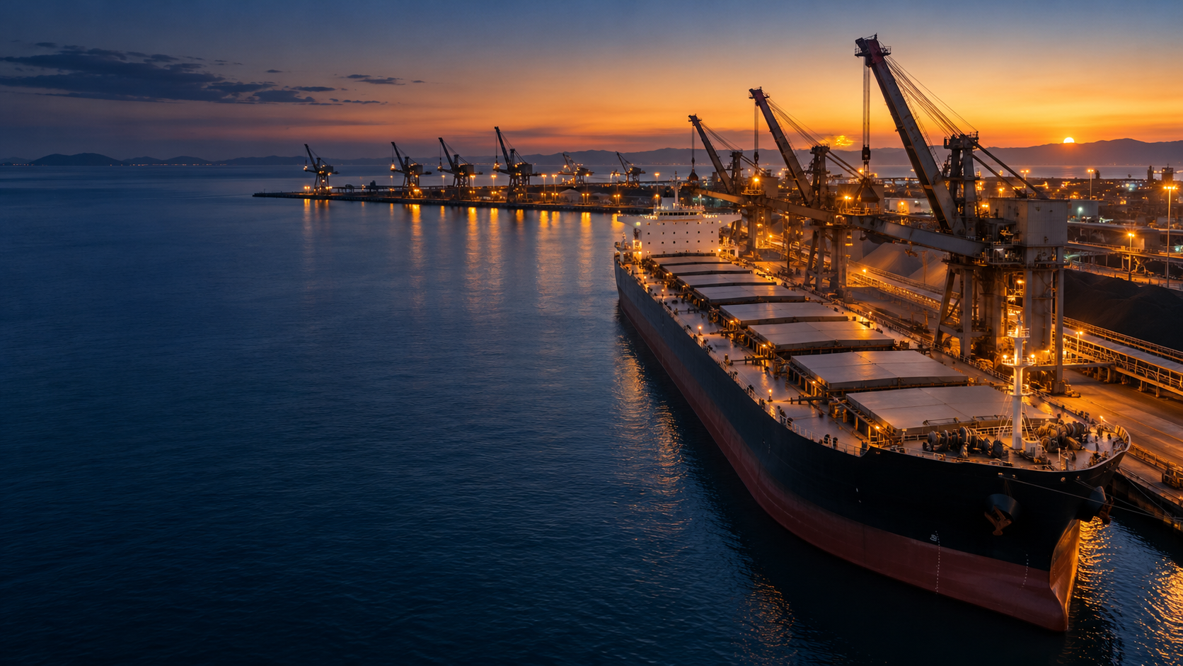 Illustrative view of a cargo vessel and international port at blue hour